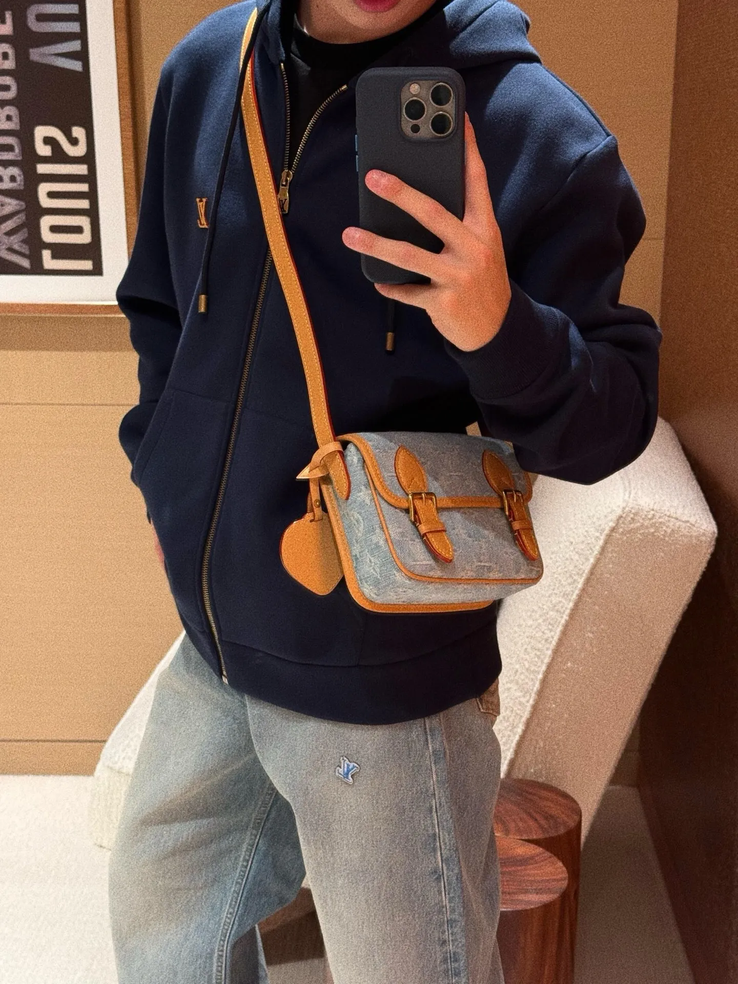 Louis Vuitton/Louis Vuitton leather logo zipper hooded sweatshirt
